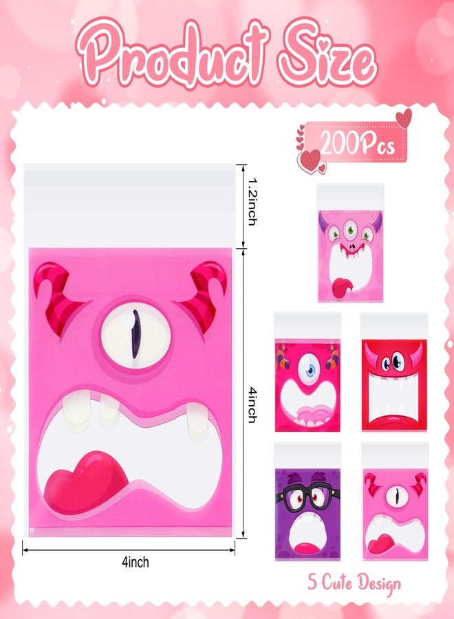 Hallswl 200pcs Valentines Day Cellophane Gift Bags Bulk for Kids,4 * 4inch Valentine Monster Self Adhesive Treat Candy Cookie Goodies Bag Valentine's Day Gift Exchange Classroom Favors - Image 2